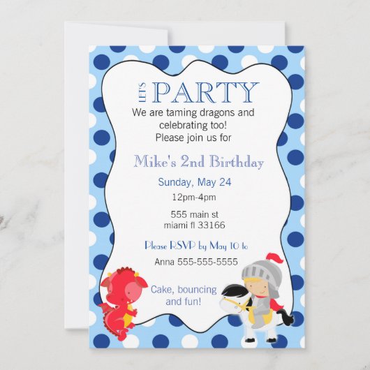 騎士ドラゴンの男の子の誕生日のパーティの招待状 招待状 (正面)