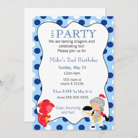 騎士ドラゴンの男の子の誕生日のパーティの招待状 招待状 (正面/裏面)