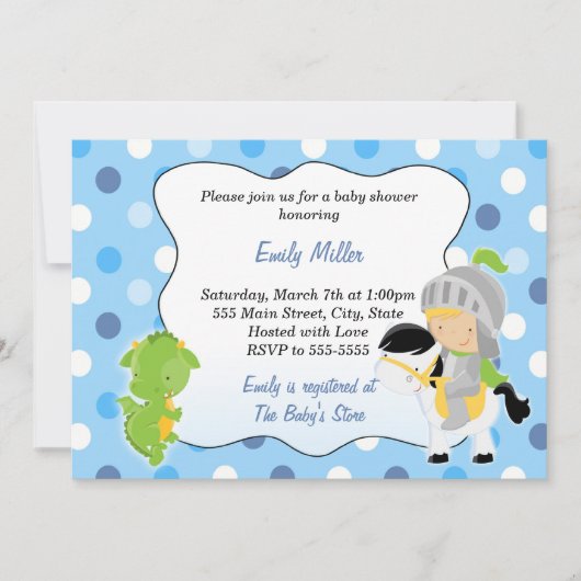 騎士ドラゴンの男の赤ちゃんのシャワーの招待状 招待状 (正面)