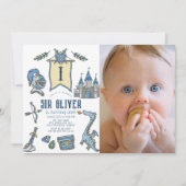 騎士ドラゴンキャッスル中世1歳の誕生日の写真 招待状 (正面)