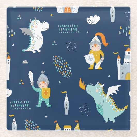 騎士ドラゴンキャッスル子供っぽいパターン ガラスコースター (正面)