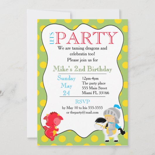騎士ドラゴン 誕生日パーティー招待状 子供用 招待状 (正面)