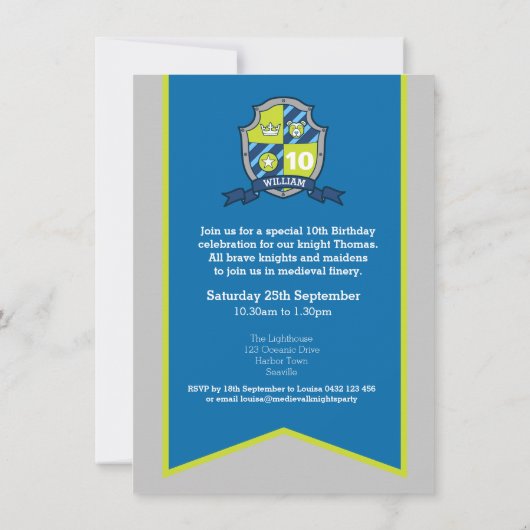 騎士中世のシールドキッズ10歳の誕生日招待状 招待状 (裏面)