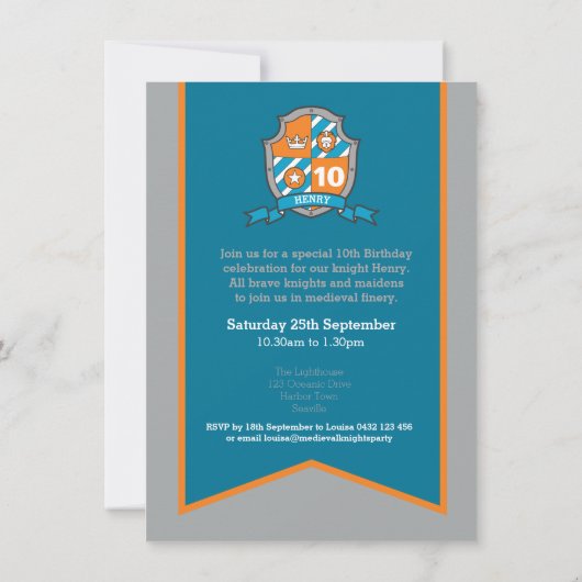 騎士中世のシールドキッズ10歳の誕生日招待状 招待状 (裏面)