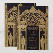 騎士中世テーマの誕生日ブラックゴールドゴシック 招待状 (正面/裏面)