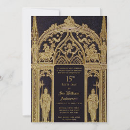 騎士中世テーマの誕生日ブラックゴールドゴシック 招待状