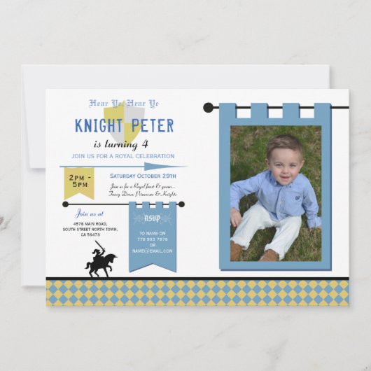 騎士写真中世の誕生日パーティーブルー 招待状 (正面)