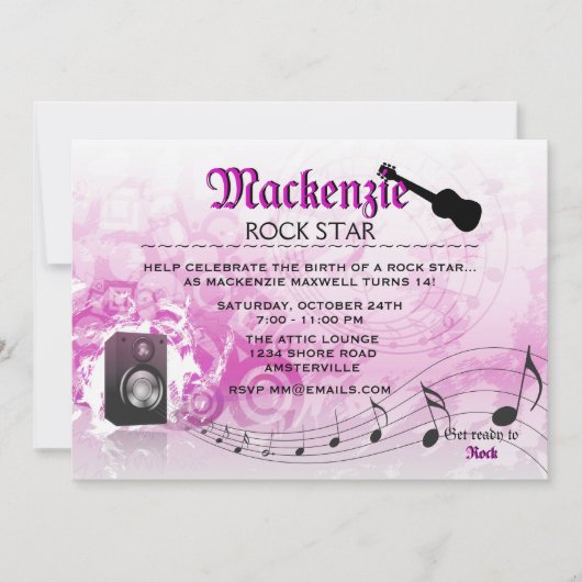 騒々しいピンクの誕生日のパーティの招待状を得よう 招待状 (正面)