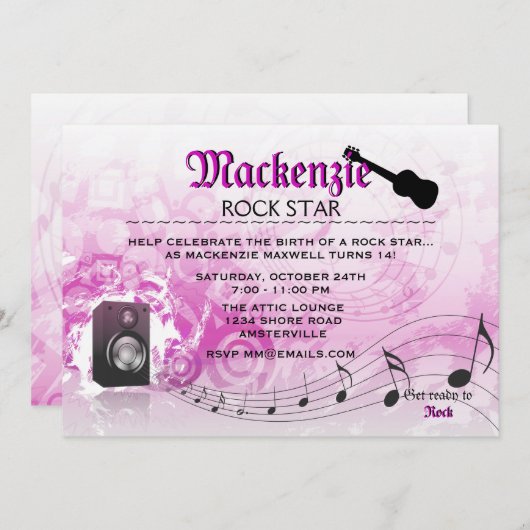 騒々しいピンクの誕生日のパーティの招待状を得よう 招待状 (正面/裏面)