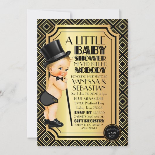 騒々しい20代の黒と金ゴールドの小さな紳士 招待状 (正面)