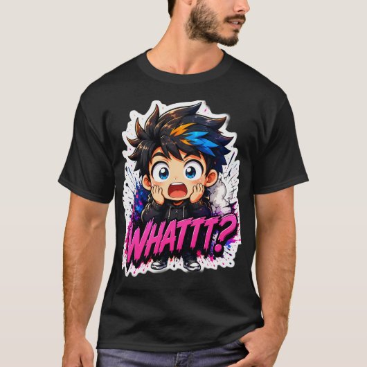 驚いたアニメちび少年「WHATTT?」- カラフルペイント Tシャツ (正面)