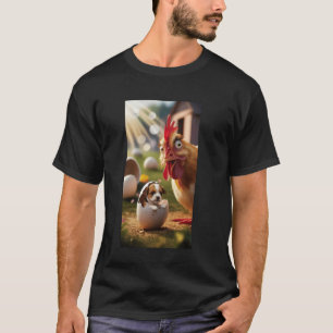 驚いたニワトリの隣で卵から子犬が孵る S Tシャツ