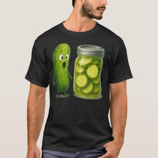 驚いたピクルスと瓶 かわいいウィスキカルフードイラスト Tシャツ