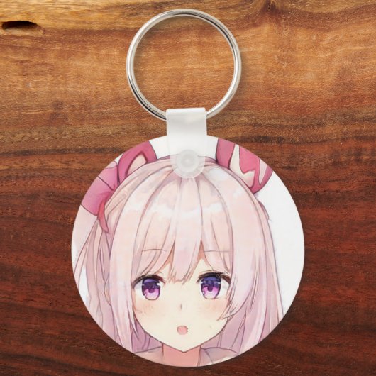 驚いたピンクの髪のアニメの女の子パープルアイズバニー キーホルダー (正面)