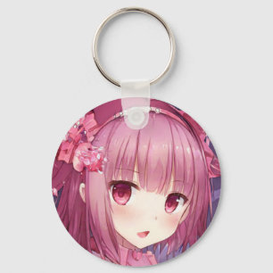 驚いたマゼンタピンクの髪の目のアニメの女の子のバラ キーホルダー