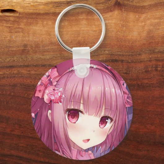 驚いたマゼンタピンクの髪の目のアニメの女の子のバラ キーホルダー (正面)