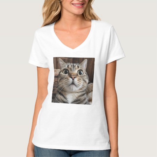 驚いた猫の顔、猫の写真 Tシャツ (正面)