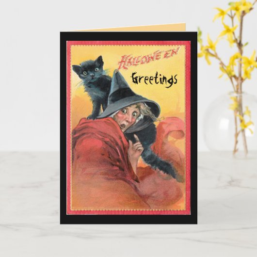 驚いた魔女と黒猫 カード (黄色い花)