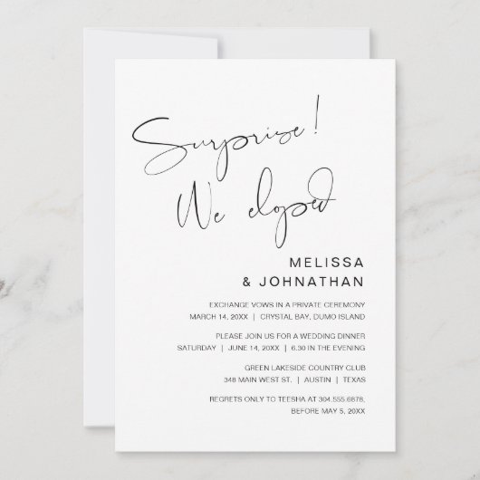 驚きのニュース!私たち、駆け落ちしました! 結婚式場パーティー 招待状 (正面)