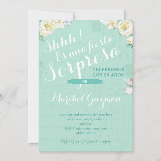 驚きのパーティー招待状の女性の誕生日スペインの 招待状 (正面)