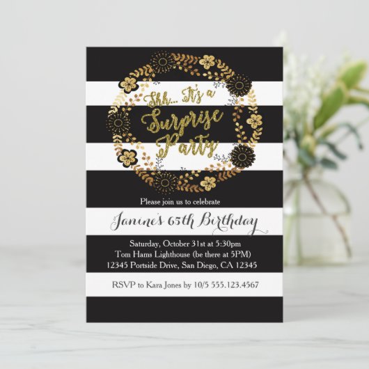 驚きの大人の金ゴールドの誕生日のパーティの招待状 招待状 (スタンド正面)