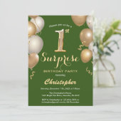 驚きの第1の誕生日グリーンと金ゴールドバルーン 招待状 (スタンド正面)