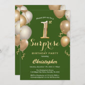 驚きの第1の誕生日グリーンと金ゴールドバルーン 招待状 (正面/裏面)