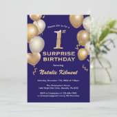 驚きの第1誕生日ネイビーブルーと金ゴールドバルーン 招待状 (スタンド正面)