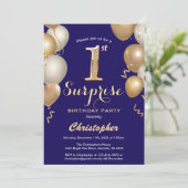 驚きの第1誕生日ネービーブルー&金ゴールド気球 招待状 (スタンド正面)