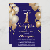 驚きの第1誕生日ネービーブルー&金ゴールド気球 招待状 (正面/裏面)