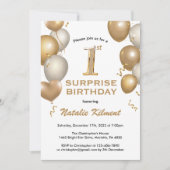 驚きの第1誕生日ホワイトと金ゴールドバルーン 招待状 (正面)