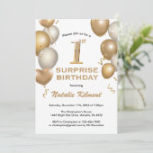 驚きの第1誕生日ホワイトと金ゴールドバルーン 招待状 (スタンド正面)