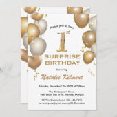 驚きの第1誕生日ホワイトと金ゴールドバルーン 招待状 (正面/裏面)