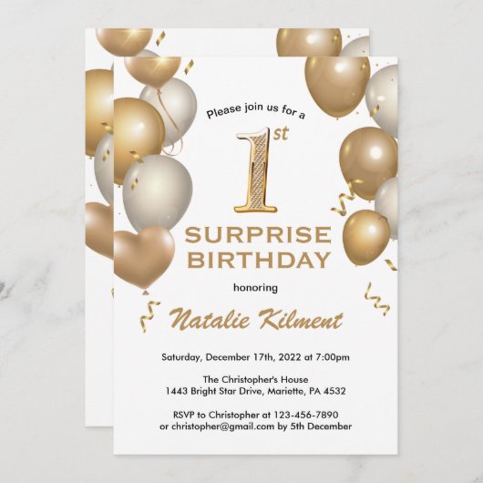 驚きの第1誕生日ホワイトと金ゴールドバルーン 招待状 (正面/裏面)