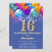 驚きの第16誕生日ブルーと金ゴールドバルーン 招待状 (正面/裏面)