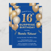 驚きの第16誕生日ブルーと金ゴールドバルーン 招待状 (正面/裏面)