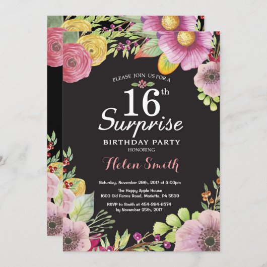 驚きの花柄の女性のための第16誕生日の招待状 招待状 (正面/裏面)