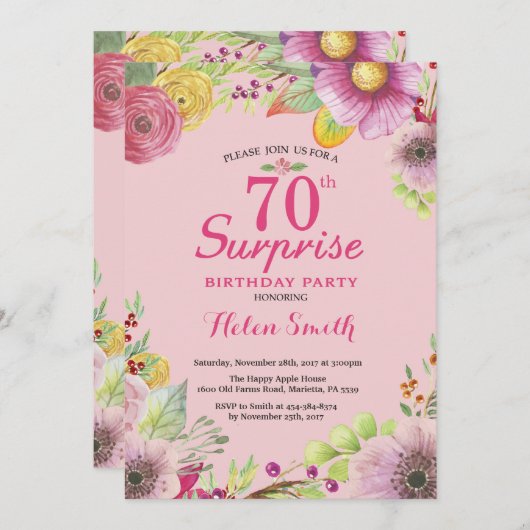 驚きの花柄の女性のための第70誕生日の招待状 招待状 (正面/裏面)
