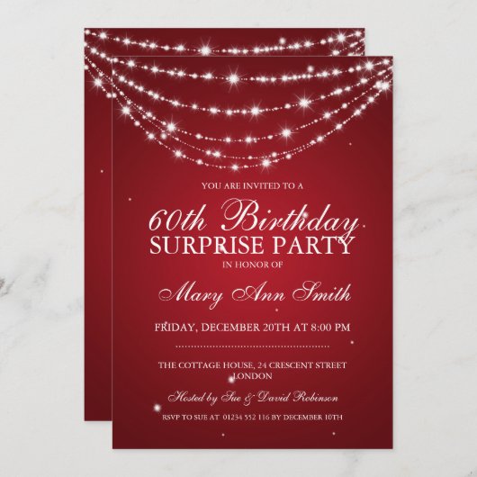 驚きの誕生会のきらめくなチェーン赤 招待状 (正面/裏面)