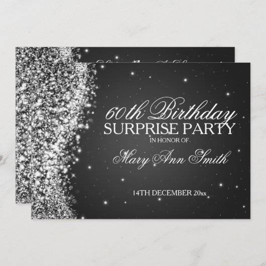 驚きの誕生会のきらめくな波の黒 招待状 (正面/裏面)