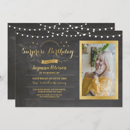 驚きの誕生会のチョーク年齢の招待の金ゴールド 招待状 (正面/裏面)