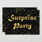 驚きの誕生日のフェイクな金ゴールドホイルの紙吹雪の黒 招待状 (正面/裏面)