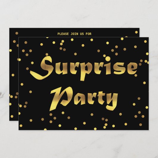 驚きの誕生日のフェイクな金ゴールドホイルの紙吹雪の黒 招待状 (正面/裏面)