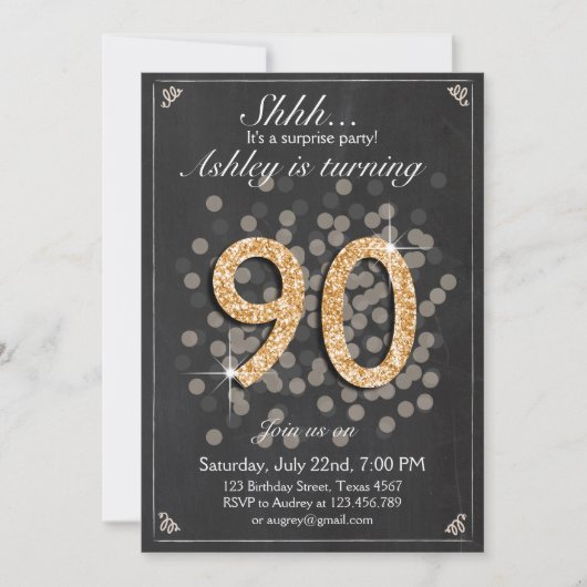 驚きの誕生日の招待の黒板素朴な90 招待状 (正面)