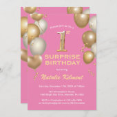 驚きの誕生日ピンクと金ゴールドバルーン 招待状 (正面/裏面)