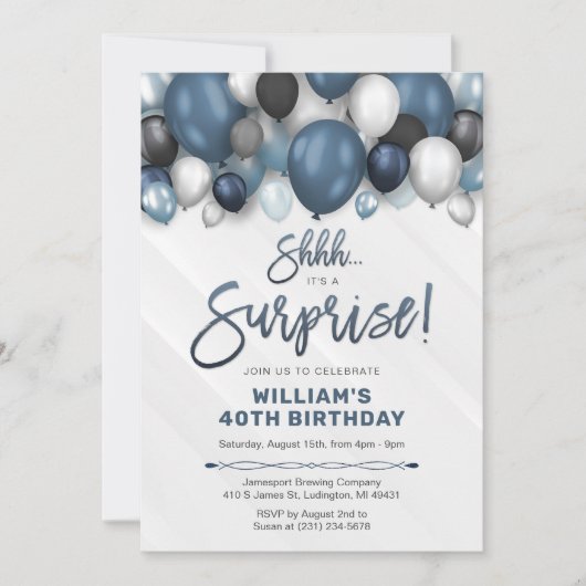 驚きの誕生日招待状と青いバルーン 招待状 (正面)