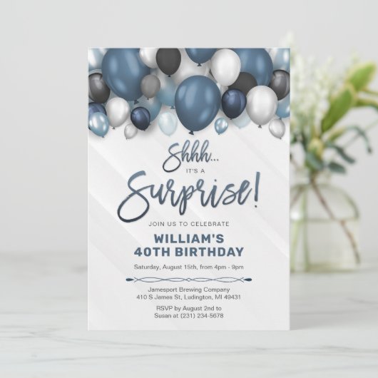 驚きの誕生日招待状と青いバルーン 招待状 (スタンド正面)