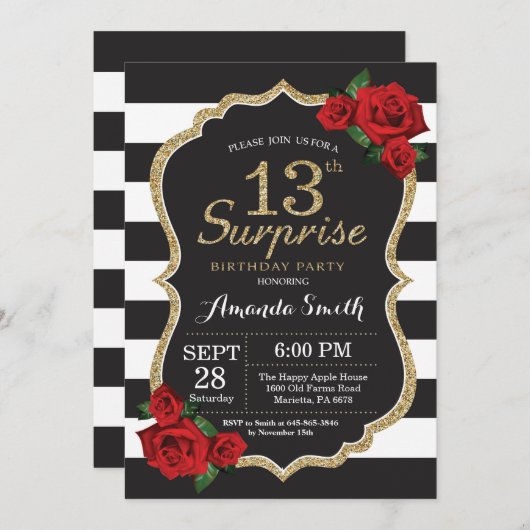 驚きの赤いバラの第13誕生日の招待状の金ゴールド 招待状 (正面/裏面)