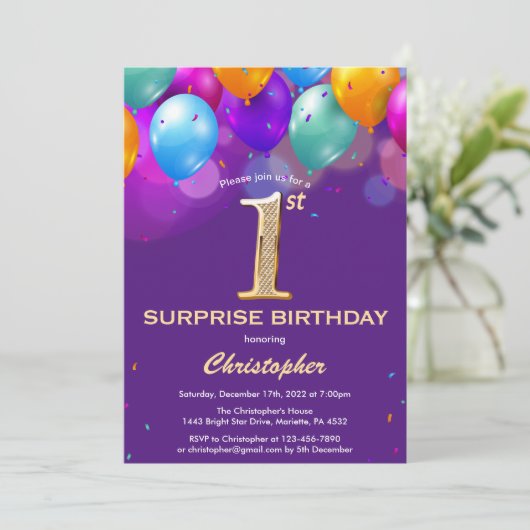 驚きの1回目の誕生日紫と金ゴールド風船 招待状 (スタンド正面)