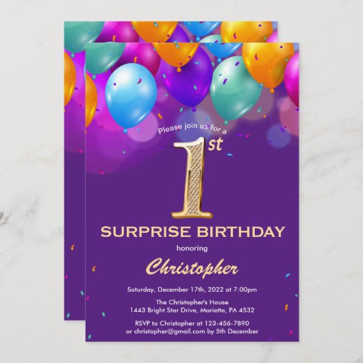 驚きの1回目の誕生日紫と金ゴールド風船 招待状 (正面/裏面)